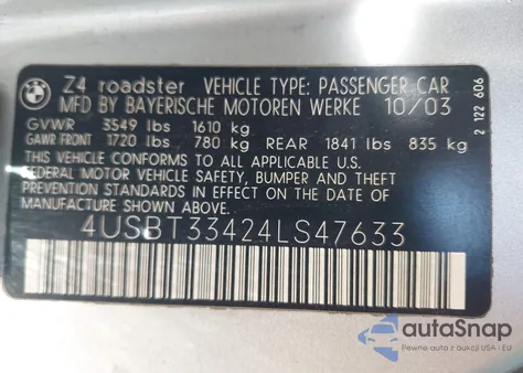 2004 BMW Z4 2.5I from USA, damaged, VIN 4USBT33424LS47633